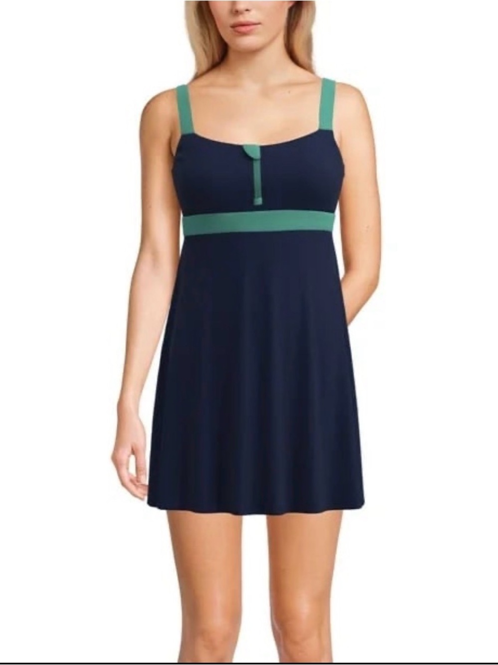 Lands' End Womens Zip Front Swim Dress Navy Blue Green Large Modest NWT